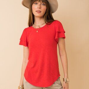 GILLI Red Flutter Sleeve Top – Short Sleeve Layered Ruffle Detail